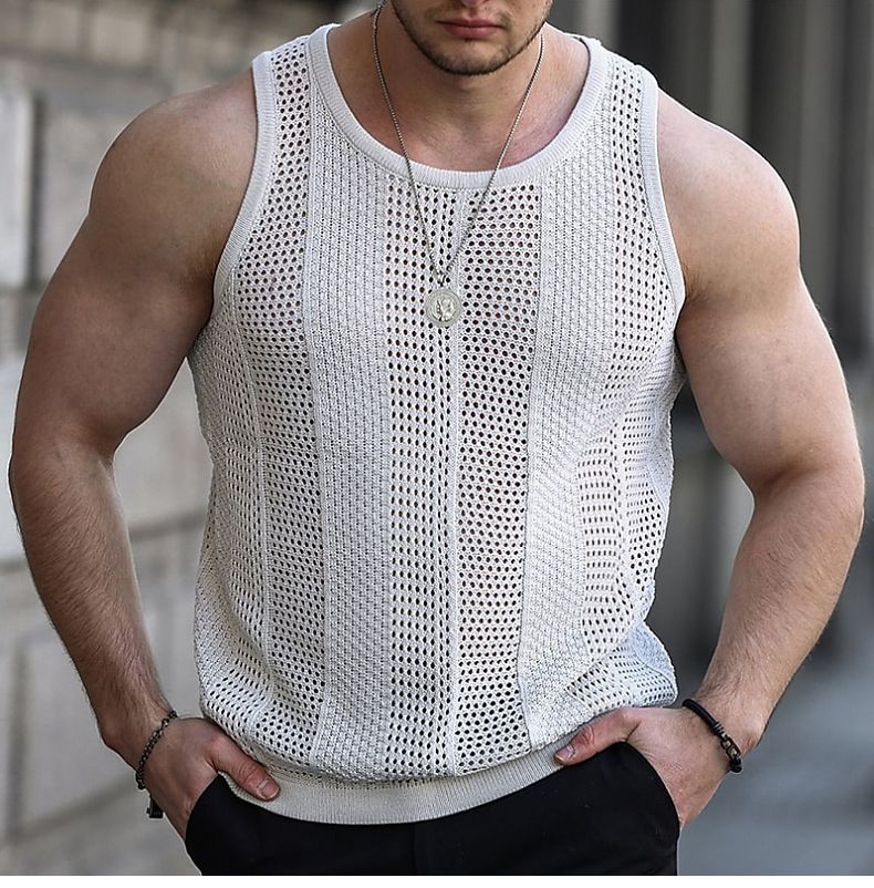 Canotta in maglia slim fit senza maniche da uomo estiva nuova camicia cava SY0187_voghion.com