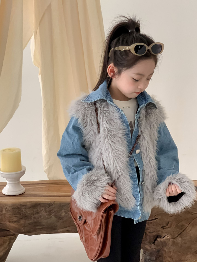 La torta per bambini supera lo stile hipster Cappotto ispessito in pelliccia di jeans patchwork in pelliccia di volpe imitazione per ragazza invernale per bambini_voghion.com