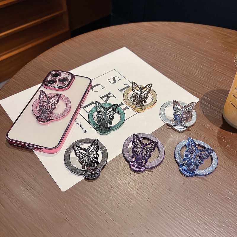 Capa adesiva dobrável com suporte universal para celular, ultrafina e magnética com carregamento sem fio e borboleta com glitter_voghion.com