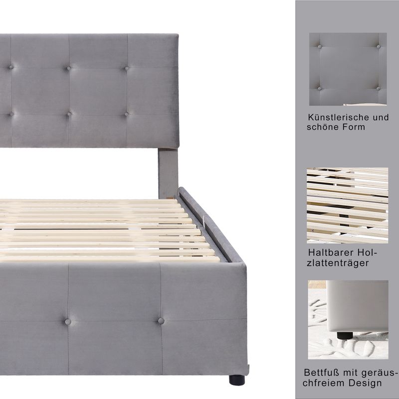 Polsterbett 90x200cm Con Lattenrost, Schubladen, Verstellbarem Kopfteil, Grau_voghion.com