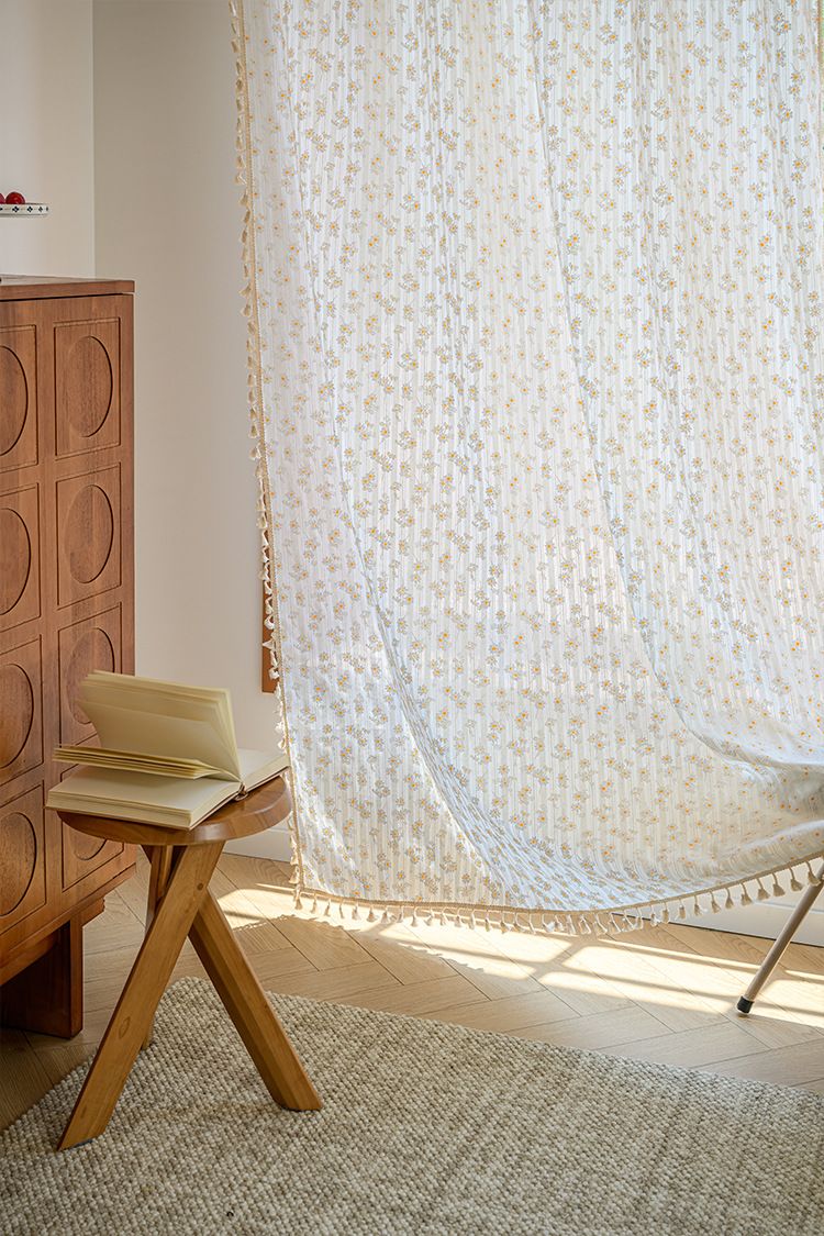 Cortinas de algodón semitransparentes de estilo japonés, sin perforaciones, con ganchos y ojales, con estampado floral bohemio y garabatos para sala de estar y dormitorio._voghion.com