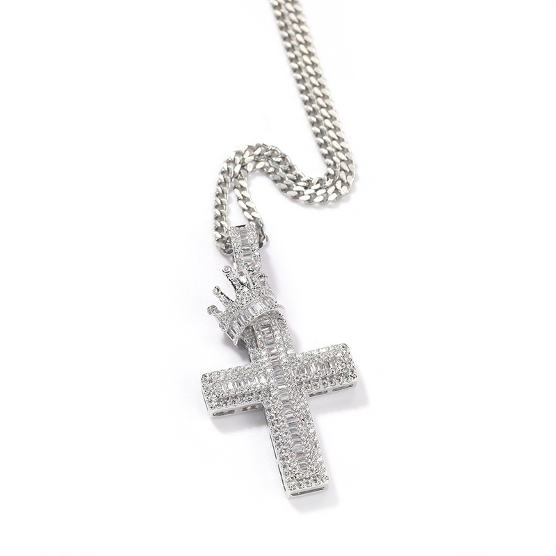 Collana con ciondolo a croce con corona completa per uomo, in rame con zirconi intarsiati, stile hip hop punk, alla moda_voghion.com