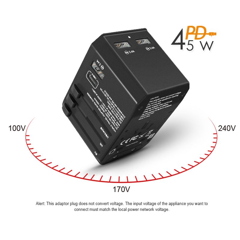 45W PD Universele Reisadapter met type-c PD45W QC3 4 wandlader voor Macbook Pro Ipad Pro2018 tablet pc laptoplader usb c_voghion.com