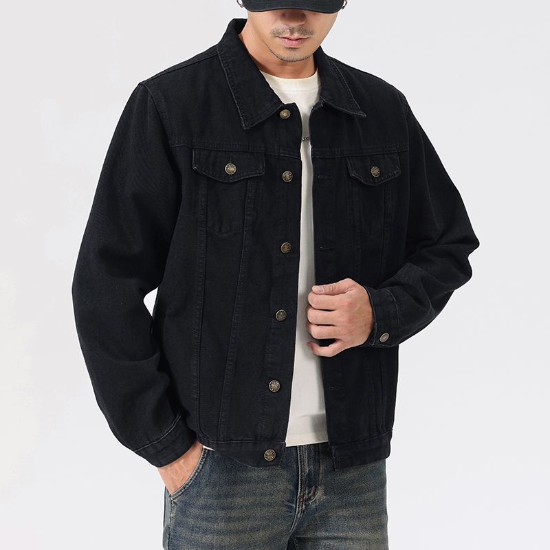 Spring And Autumn Men's Solid Color Collar Denim Jacket Fashion Motorcycle Denim Jacket Men's Slimming Casual Black Blue Jacket_voghion.com