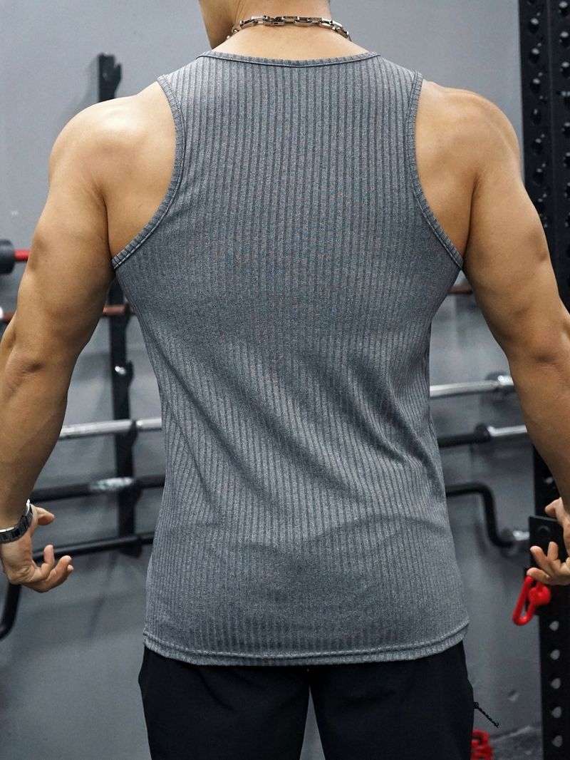 Erkek Giyim Örme Dikey Şerit Fitness Spor Eğlence İnce Yelek Kolsuz Geniş Omuzlu Yelek Erkek_voghion.com