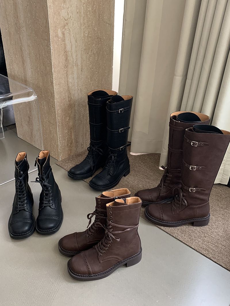 Women's Classic Riding Boots With Side Zipper & Lace-Up Detail - Genuine Leather Upper & Comfortable Rubber Sole - Versatile Low-Cut_voghion.com