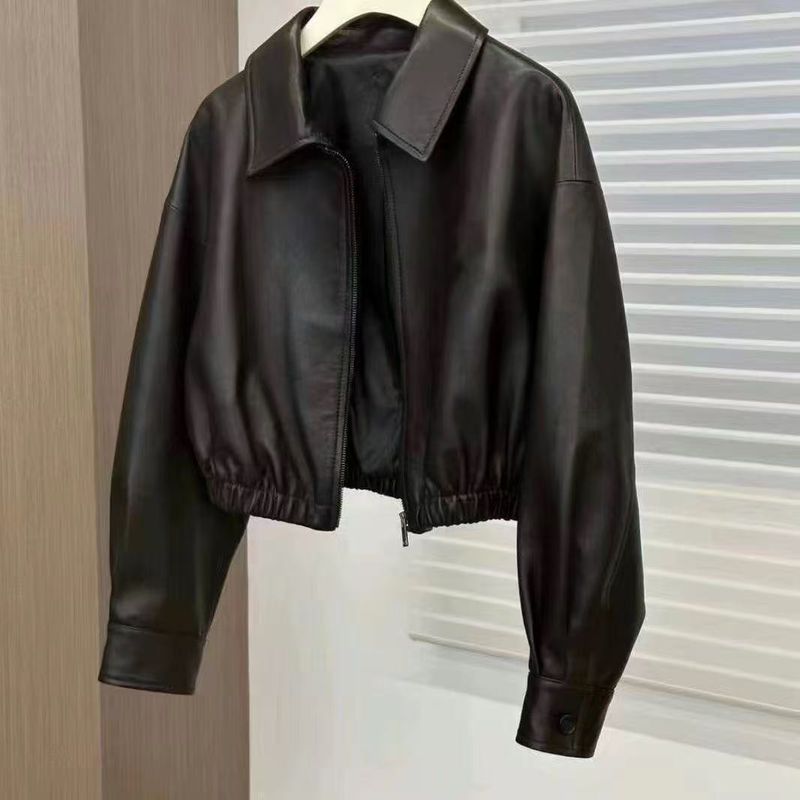 Veste courte en cuir noir souple pour femme, col carré, design unique, style moto, fermeture éclair_voghion.com