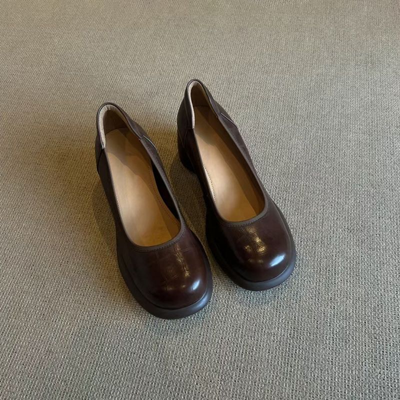 Schaffell-Version ~ Flache Öffnung, echtes Einzelschuh für Damen, runde Zehenpartie, klobiger Absatz, Slip-On, Mary Jane, britischer Stil, klein_voghion.com