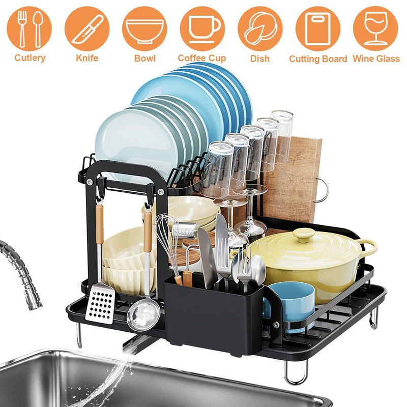 2-Tier Dish Drying Rack For Kitchen Counter Space Saving Rustproof Dish Rack With Drainboard Detachable Kitchen Drainer Organizer Set With Utensil Holder Bowl Rack Dish Rack Chopping Board Rack_voghion.com