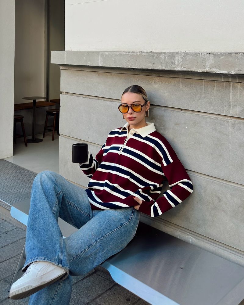 Women's Clothing Retro Striped Contrast Color Long Sleeved T Shirt For Women, Drop Shoulder Casual Loose Lazy Polo Shirt All Match Pullover Top_voghion.com