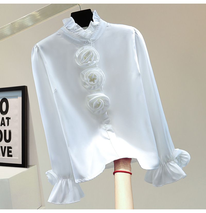 Camicia da donna a maniche lunghe, casual, con fiori pesanti, nuova versione primaverile, ampia, sottile, tinta unita, collo alto, lucida_voghion.com