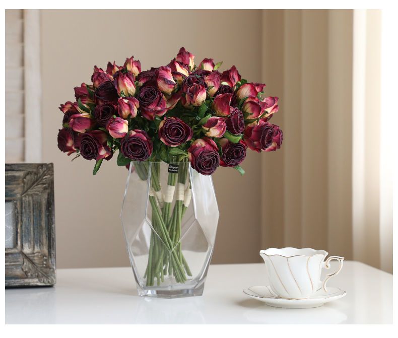 6 Stems Of American Style Burnt Edge Dried Roses Artificial Silk Flowers For Living Room Dining Table Decoration_voghion.com