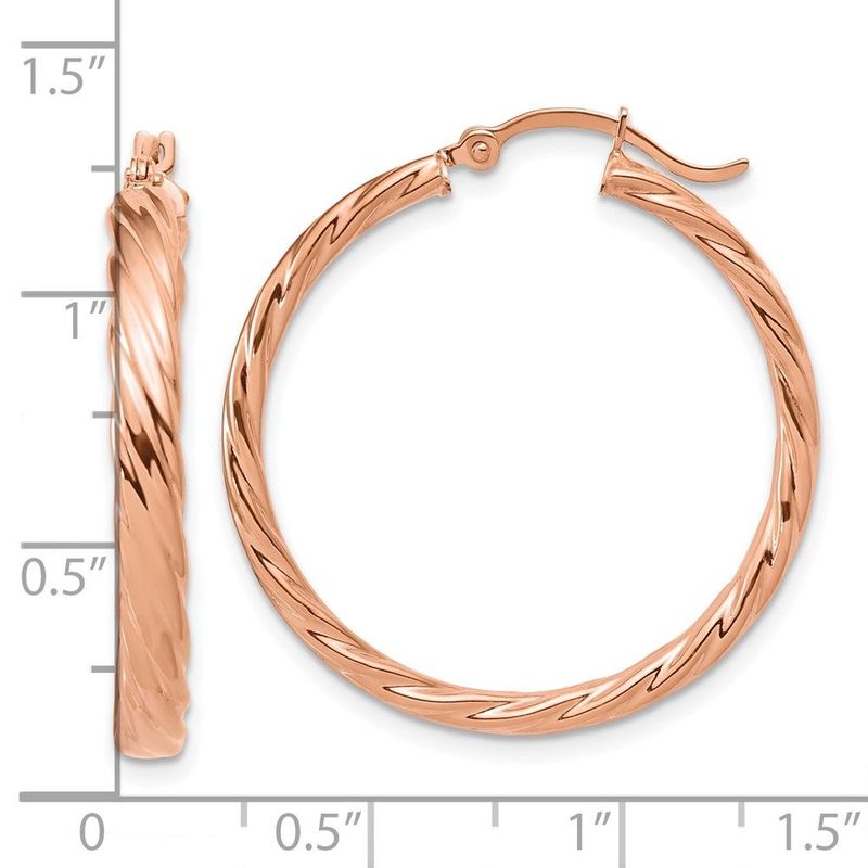 14K Rose Gold Large 3mm Patterned Hoop Earrings_voghion.com