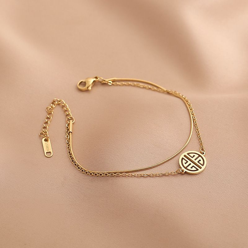 Koreanischer INS minimalistischer Stil, einfaches Temperament, Glücksfußkettchen, Glückspersönlichkeit, runde Marke, doppellagiger Titanstahl_voghion.com