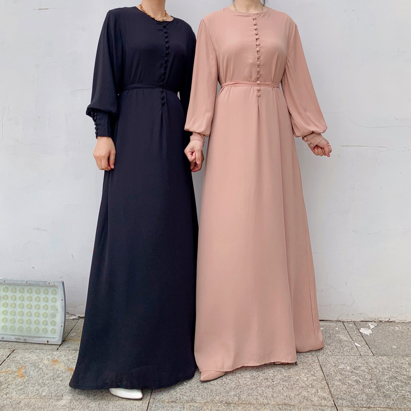 Damenbekleidung Kleid Chiffon Langarm Breasted Elegantes Kleid Muslim Abaya_voghion.com