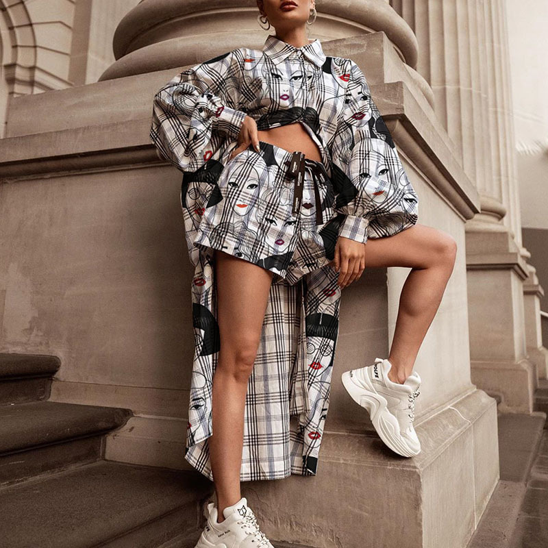 Vêtements pour femmes, hauts imprimés, shorts, costumes, col de chemise, ensemble deux pièces à la mode_voghion.com