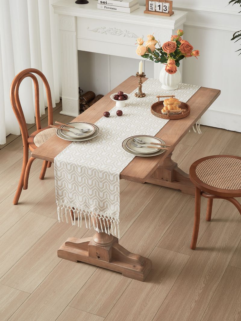 Couchtisch Kontrastmuster Garngefärbter Tischläufer Beige Wellenquaste Gewebte Tischdecke_voghion.com