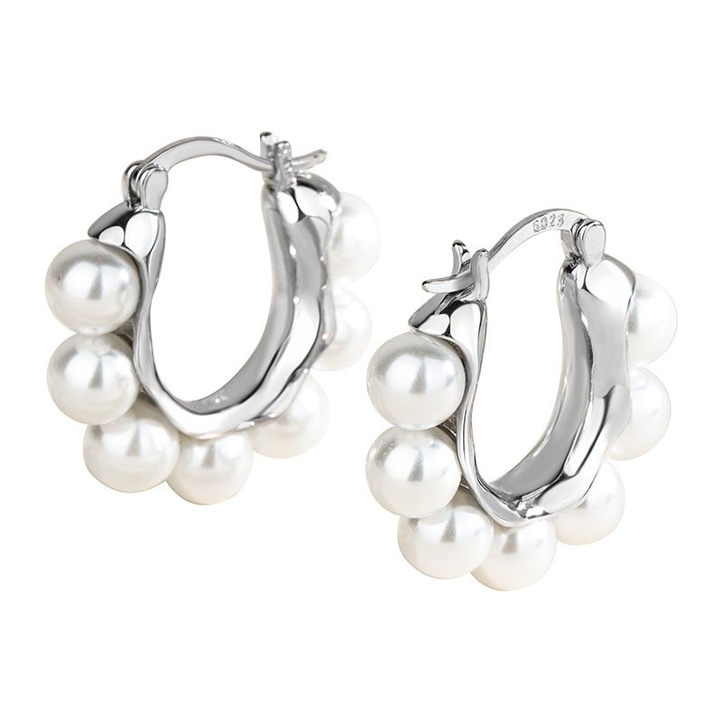 Orecchini a cerchio con perle in argento puro S - Design di nicchia leggero ed elegante | Gioielli per orecchie di alta gamma ispirati alle celebrità di Internet_voghion.com
