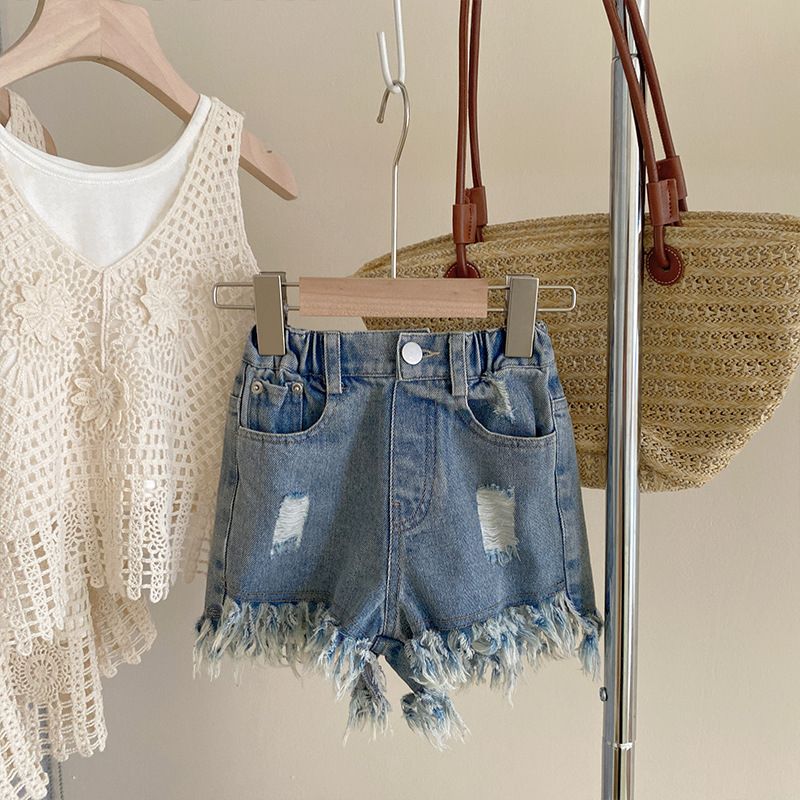 Roupas infantis Meninas ternos verão 2024 novas roupas infantis crianças oco malha cardigan colete mais shorts jeans três peças terno_voghion.com