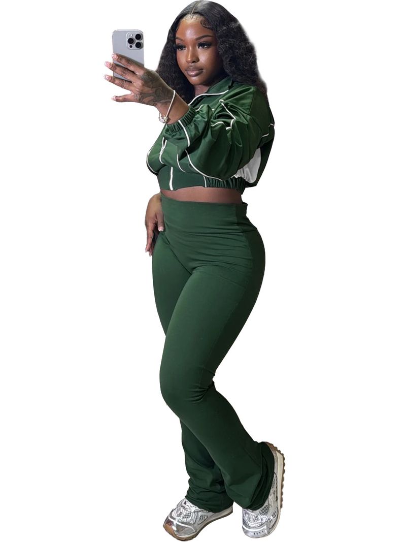 Women's Stylish Two-Tone Contrast Stitching Zip-Front Flared Pants Set – Trendy Office & Casual Outfit_voghion.com
