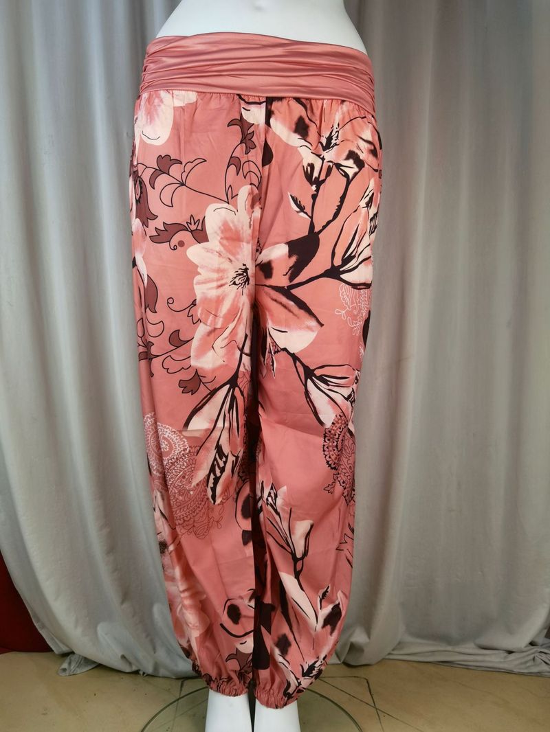 Plus Size Boho Pants, Women's Plus Floral Print Ruched Low Waist Loose Comfy Harem Pants_voghion.com