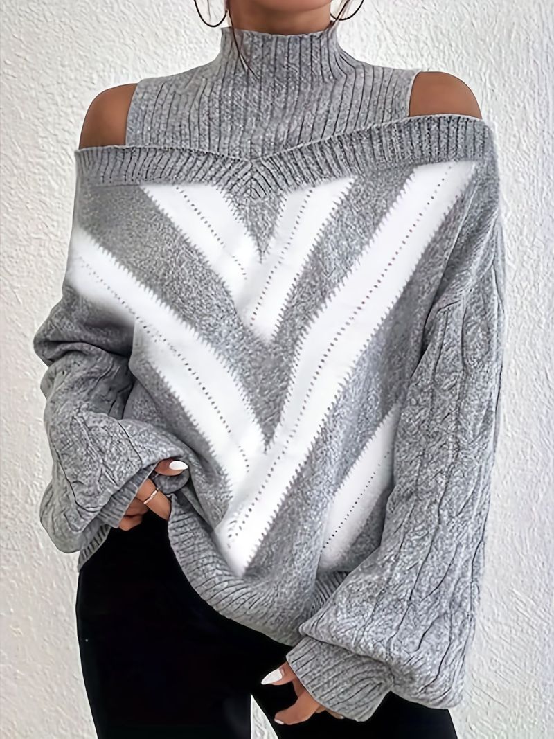 Women’s Oversized Geometric Color-Block Sweater – High Neck Long Sleeve Pullover With Relaxed Fit (Gray, Blue, 0XL-3XL)_voghion.com