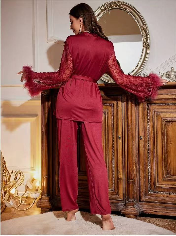 2025 New Style Patchwork V-Neck Pajama Robe Set For Home Wear, Can Be Worn Outside_voghion.com