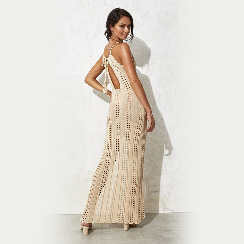 Damen Straps-Strandkleid, einfarbig, ärmellos, gestrickt, hohl, Badeanzug, Urlaub, Strandkleid, Frau_voghion.com