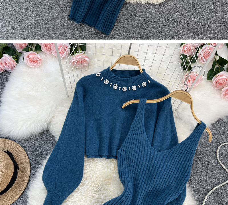 Women's Socialite style round neck beaded high-waisted short navel-baring sweater two-piece hot girl knitted vest dress for women_voghion.com