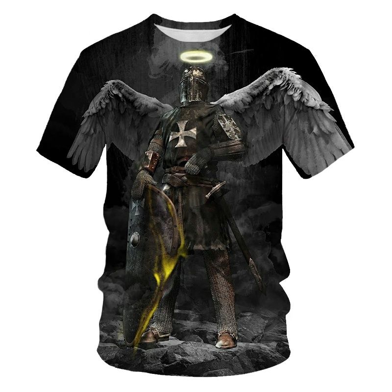 Medieval Knight Templar Print 3D T-Shirt Divine Cross Pattern Men's O-Neck Short Sleeve Casual T-Shirt Vintage Street Clothing_voghion.com
