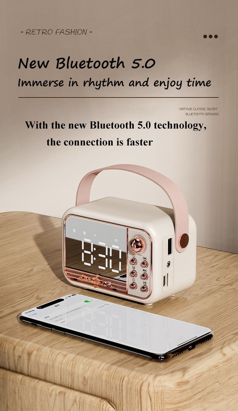 Altoparlante Bluetooth retrò con specchio LED, lettore musicale classico, suono stereo HIFI, con visualizzazione dell'ora, supporto per doppia sveglia_voghion.com
