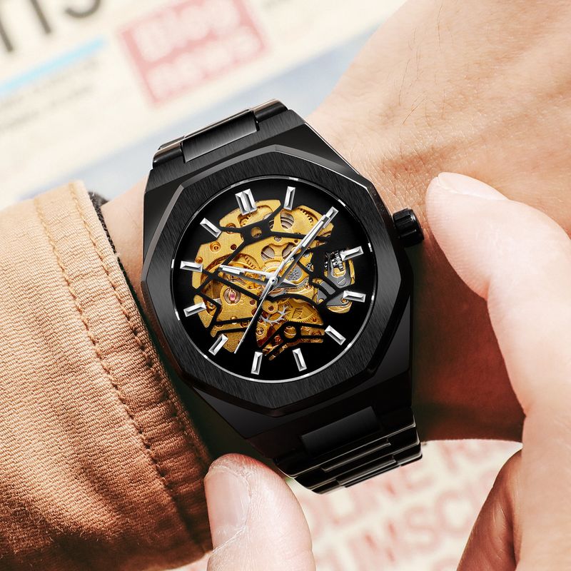 Montre mécanique automatique squelette tendance pour homme avec fonction heure universelle, boîtier en acier inoxydable de 41 mm, verre minéral, bracelet en alliage_voghion.com