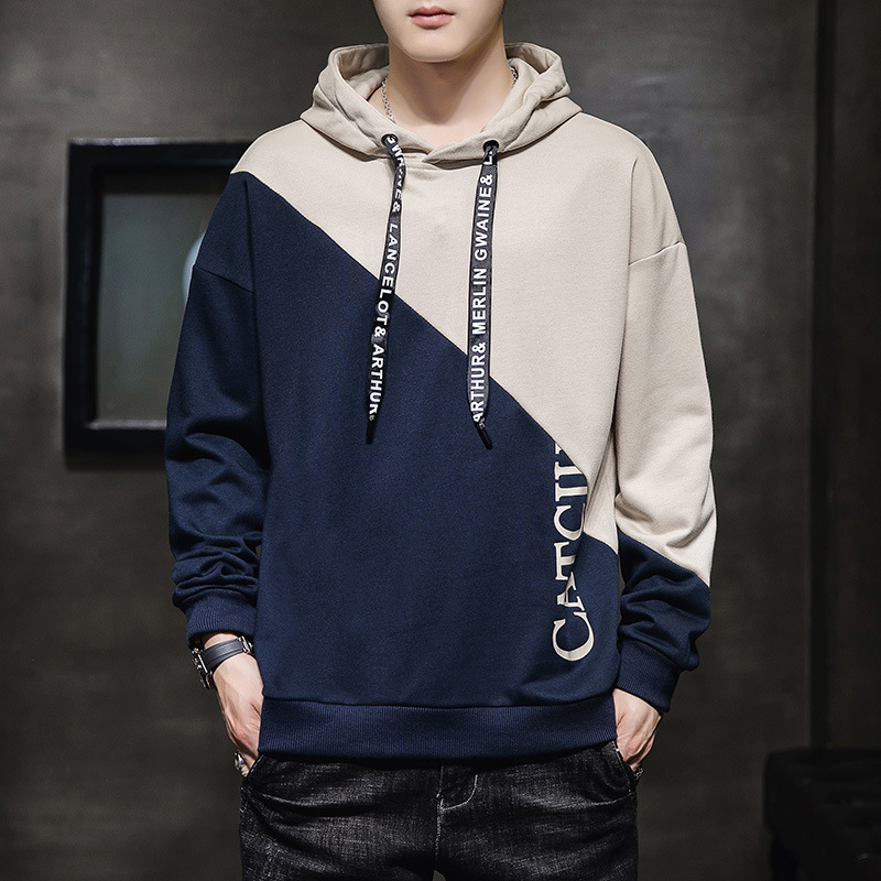Casual hooded hoodie for men in autumn loose fitting pullover hoodie, fashionable and versatile long sleeved color blocking hoodie_voghion.com