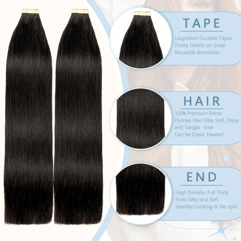 Extensiones de cabello con cinta adhesiva, cabello humano liso, n.° 1B, color natural, trama de piel sin costuras, cinta adhesiva invisible de doble cara para mujeres_voghion.com