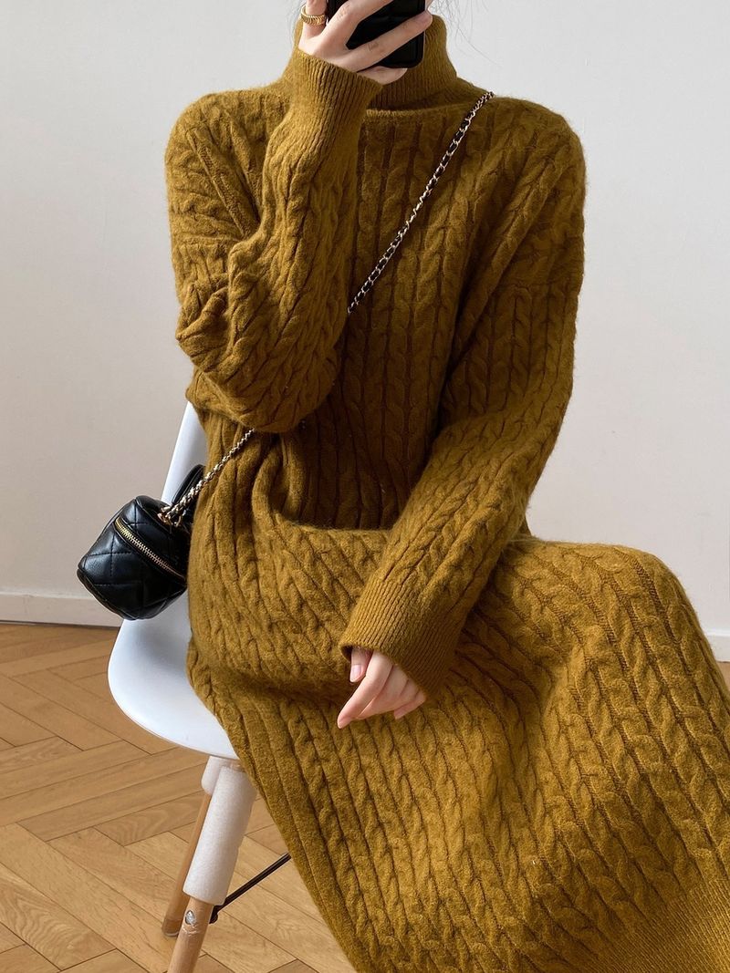 Vêtements pour femmes Nouvelle robe pull de style paresseux d'automne et d'hiver torsadée droite simple ample au-dessus du genou col à poils bas longue robe tricotée_voghion.com