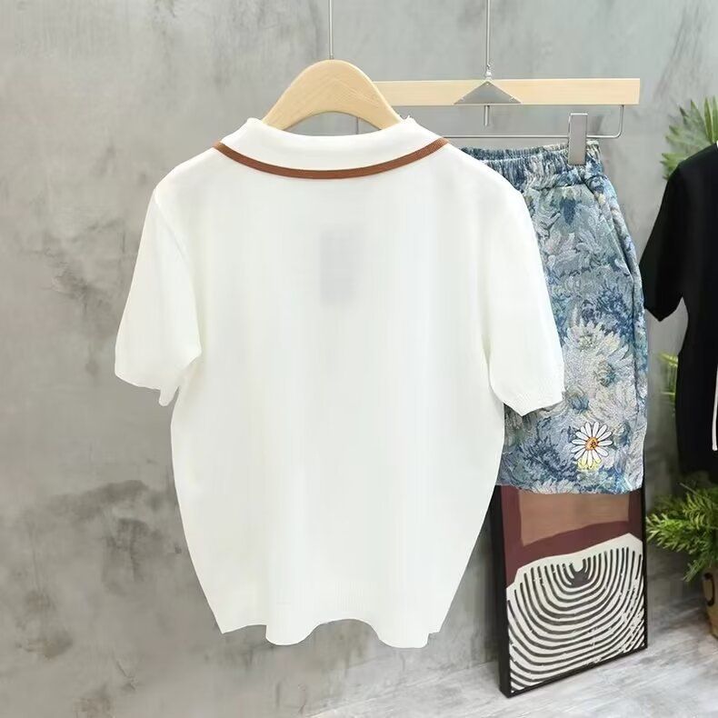 Polo estiva a righe da uomo, versatile, in seta ghiacciata fresca e a maniche corte, semplice e alla moda, con scollo rotondo._voghion.com