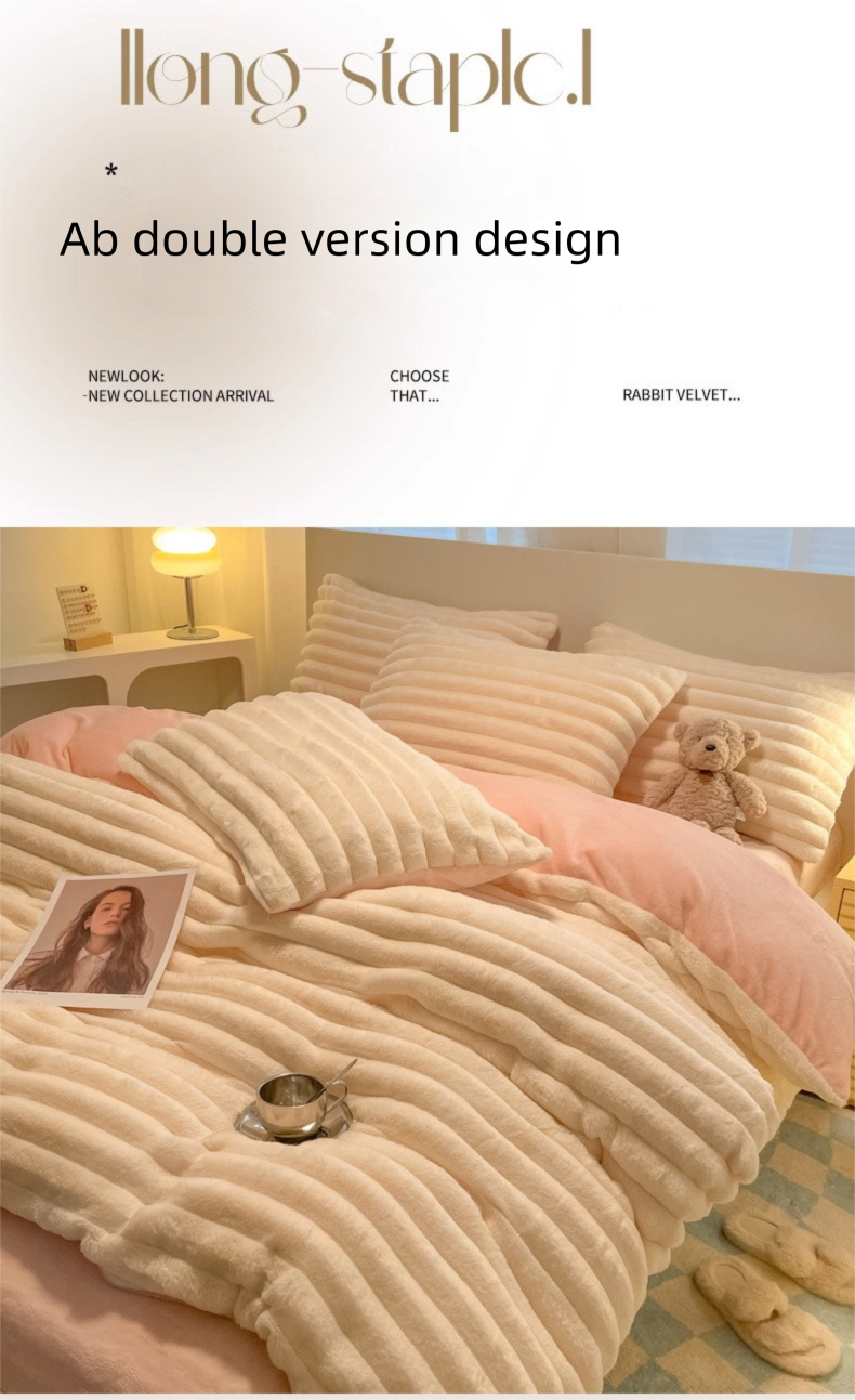 Winter Thickened Rex Rabbit Fur Plush Bedding Milk Velvet Coral Fleece Duvet Cover Bed Sheet Three-Piece Set Flannel_voghion.com
