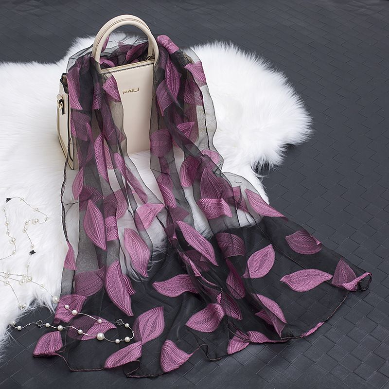 2024 Spring Summer Korean Version Organza Cut Flower Women Cotton Linen Lace Splicing Leaf Pattern Silk Scarf Shawl_voghion.com