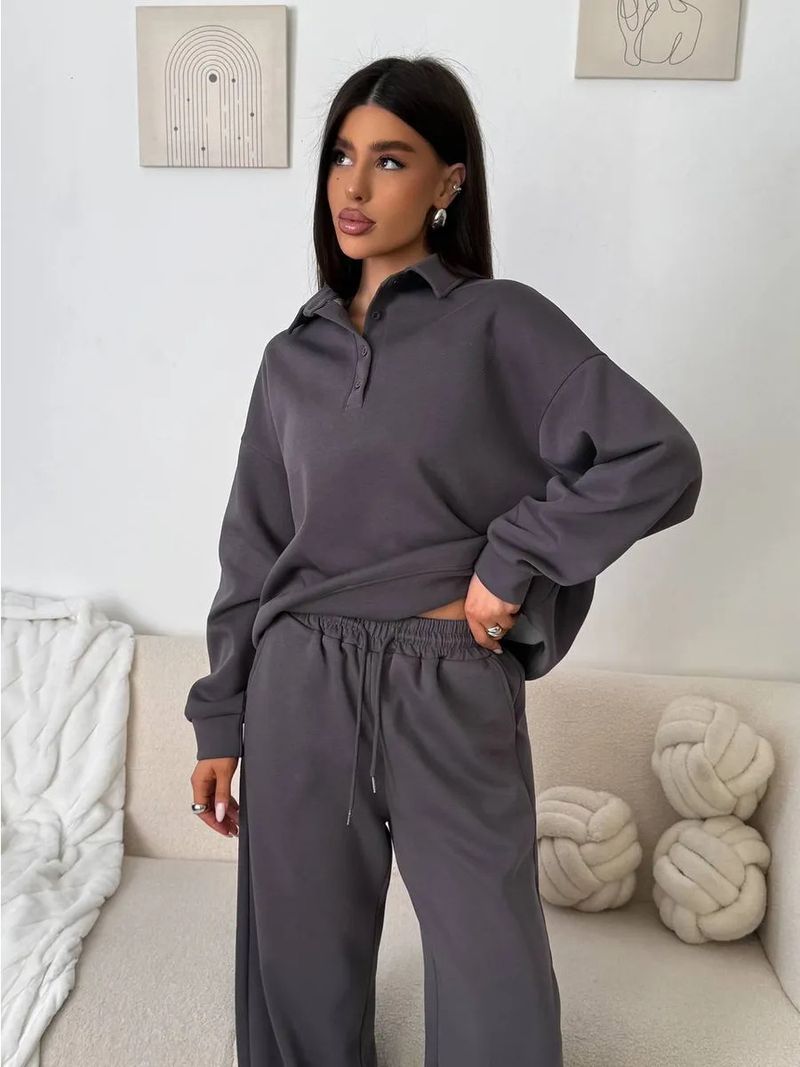 Set sportivi casual da donna, tinta unita, maniche lunghe, pullover con revers abbottonato, felpa, pantaloni con lacci, completo due pezzi_voghion.com