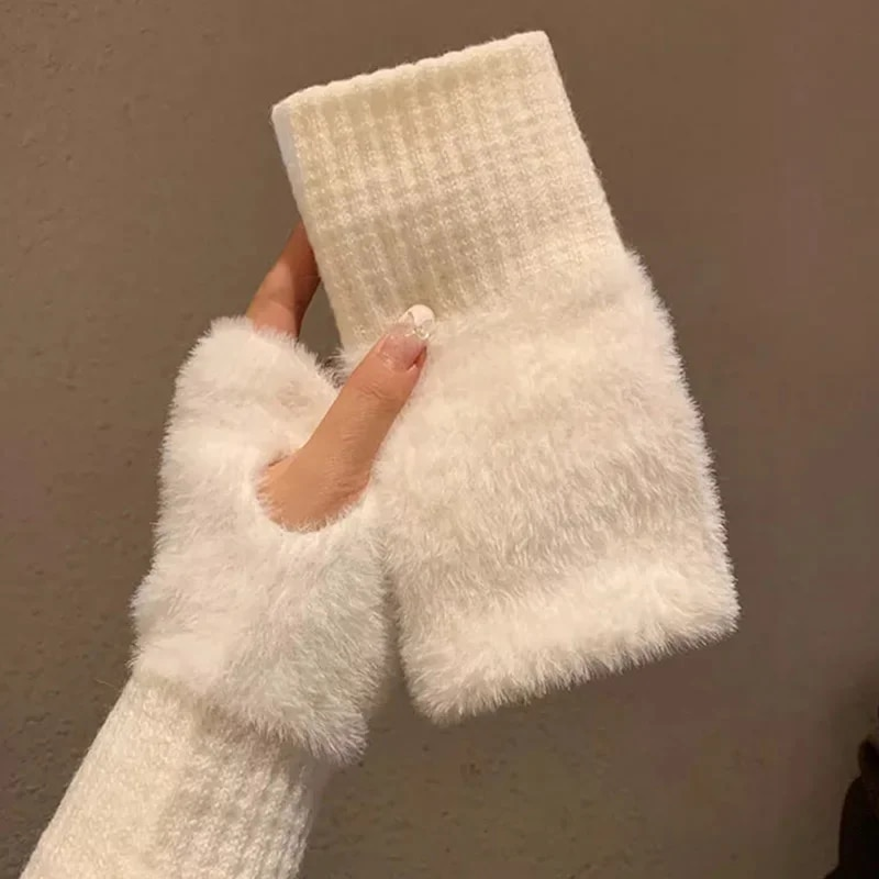 Mink Fleece puha téli félfiner női meleg, egyszínű fehér plüss kötött finomság nélküli kesztyű csuklóvédő kesztyű_voghion.com