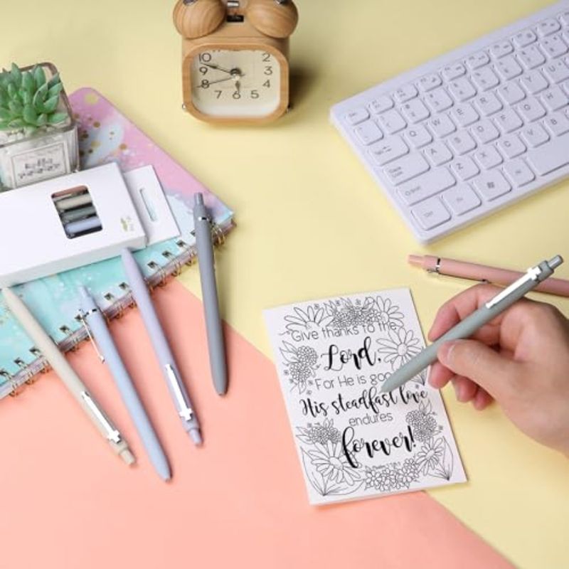 Penna per journaling biblico, confezione da 6, penne gel retrattili con inchiostro nero da 0,5 mm, per journaling, fusto Morandi con clip a croce argentata liscia_voghion.com