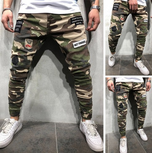 Men's Jeans Emblem Stretch Slim Fit Tight Elastic Hem Camouflage Feet Pants NK74_voghion.com