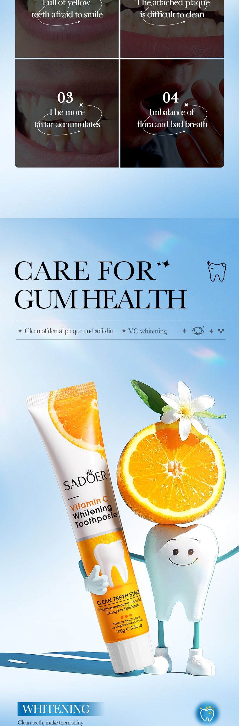 Toothpaste SADOER Vitamin C Whitening Toothpaste 100g Fresh Breath Remove Bad Breath Toothpaste Volkswagen Ladies Toothpaste_voghion.com