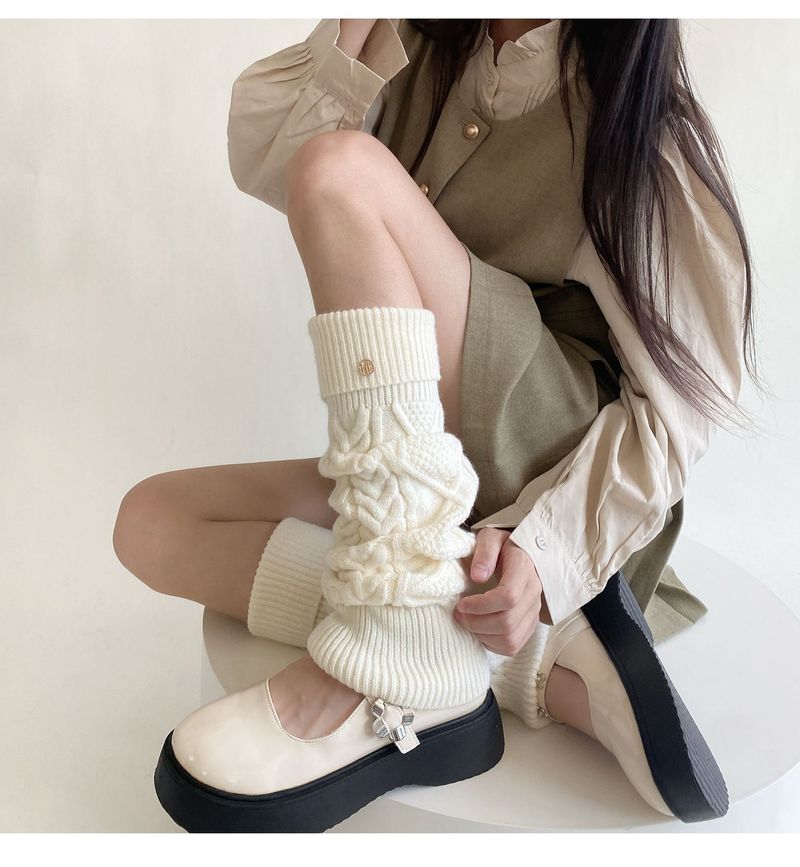 Calcetines con dobladillo retorcido para mujer con etiqueta, calentadores de piernas estilo coreano de jefa, calcetines de lana hasta la pantorrilla y hasta la rodilla._voghion.com