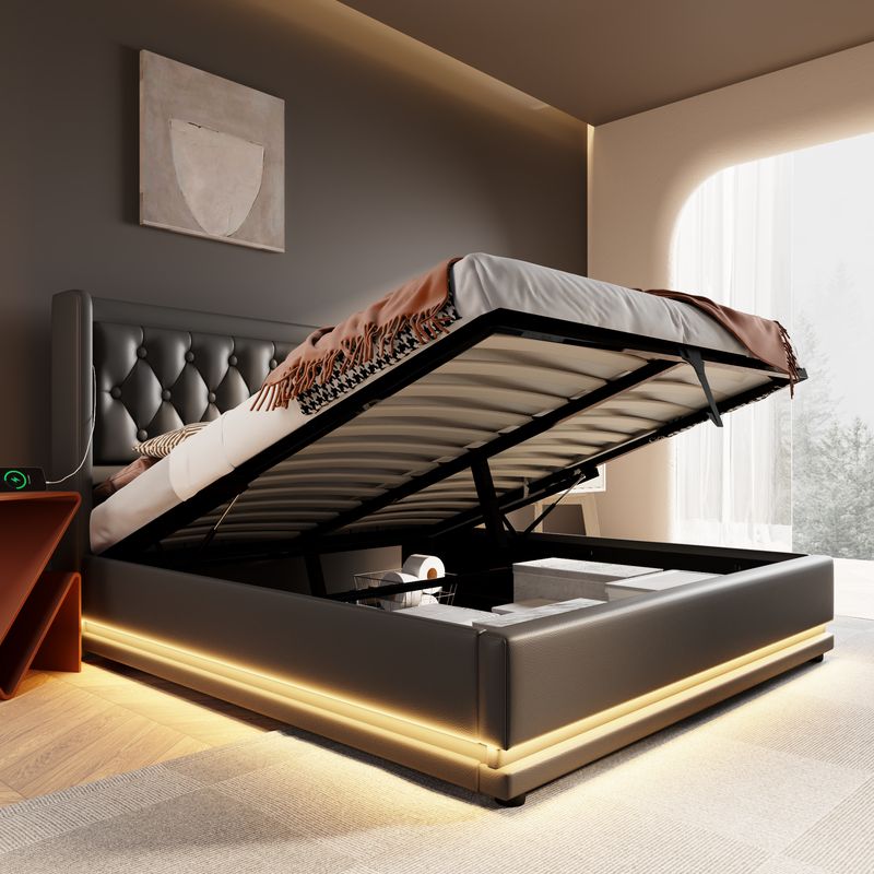 Lit double 160 x 200 cm, matelas en polyuréthane noir, lit coffre hydraulique avec chargement USB Type-C et éclairage LED sur 3 côtés, tête de lit rembourrée (matelas inclus)._voghion.com