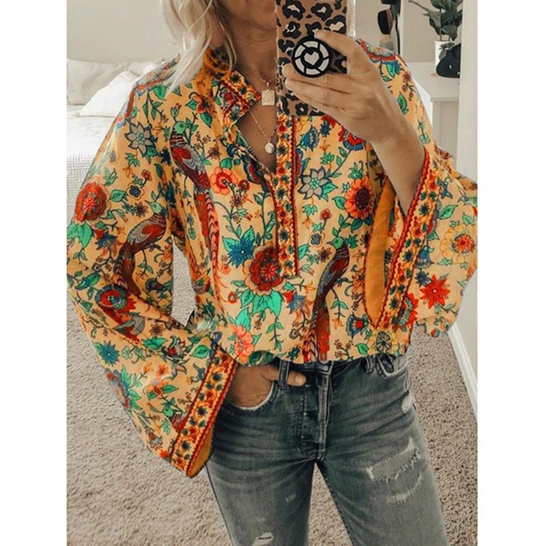 Abbigliamento donna autunno nuovo caldo pavone stampa camicia ampia bottone manica lunga camicia_voghion.com