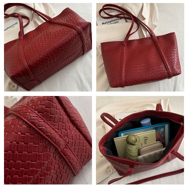 Women's Bags Version Simple Fashion Solid Color Retro Woven Pattern Large Capacity Casual Tote Underarm Shoulder Bag_voghion.com