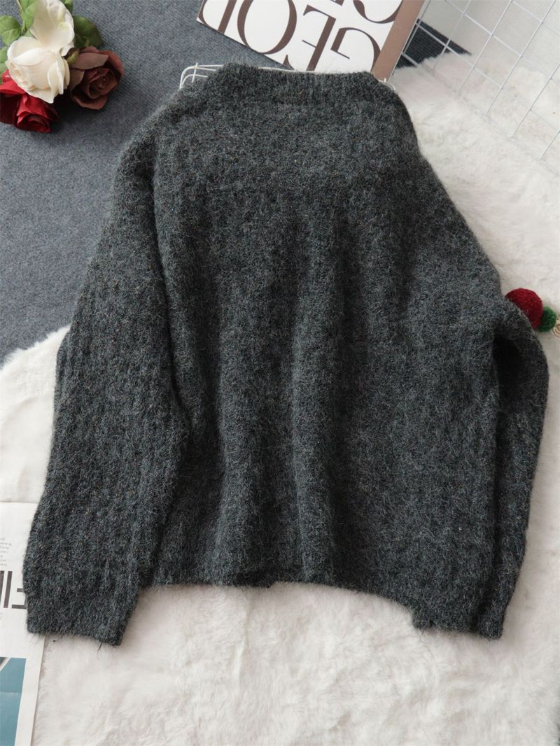 Cardigan vintage in maglia con bottoni dorati – Maglione spesso a maniche lunghe con apertura frontale per donna (grigio scuro, beige, marrone)_voghion.com