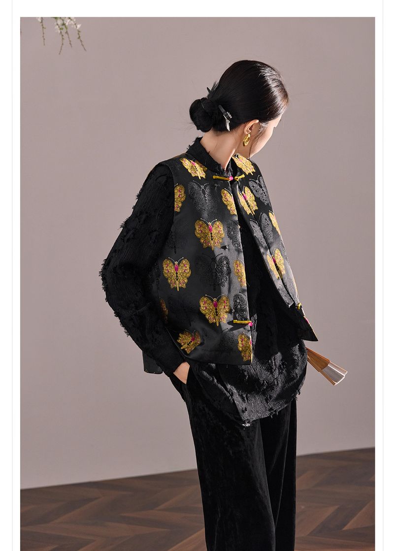 ragazza Nuovo cinese di alta qualità farfalla jacquard imbottito per le donne autunno inverno nazionale bottone gilet retrò stile ZX MX091_voghion.com