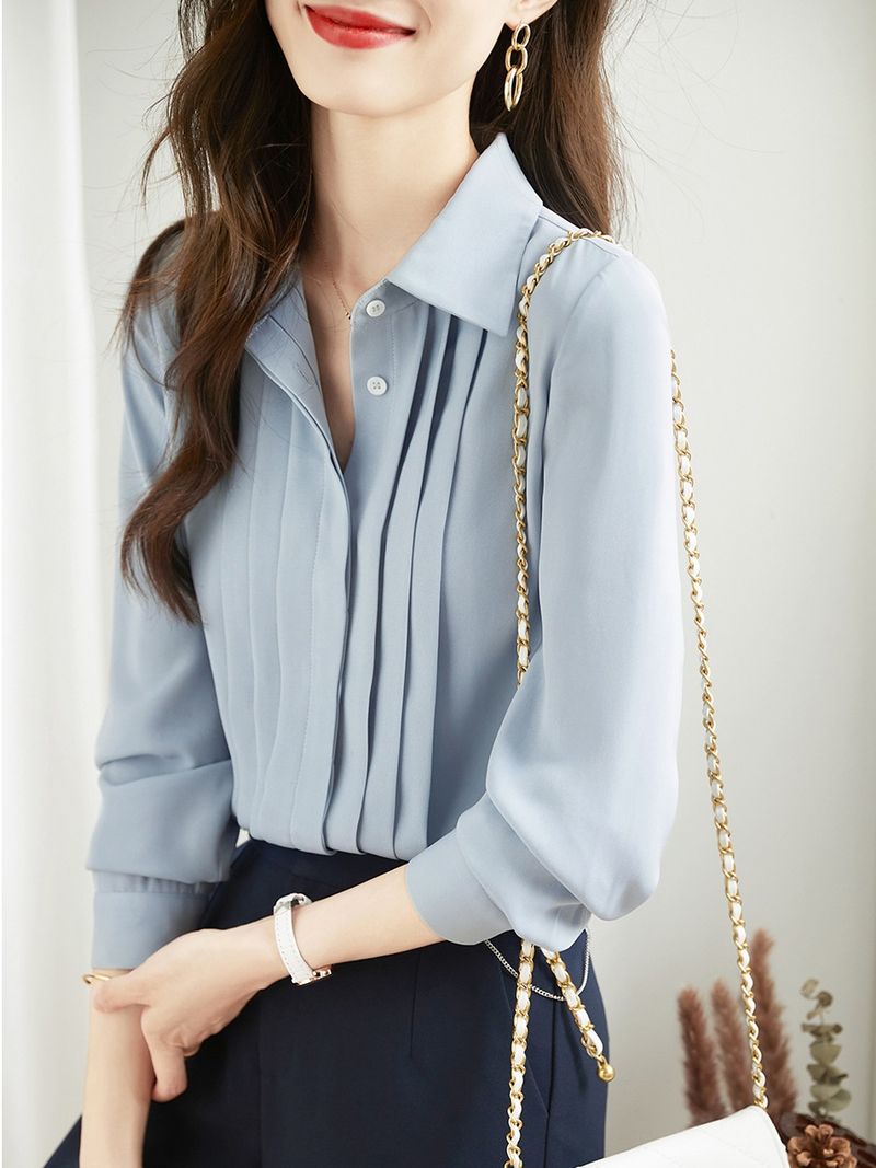 Camicia plissettata tinta unita da donna, 23 anni, Mogoyu Yuanchuang, nuovo design autunnale, di nicchia, dimagrante, versatile,_voghion.com